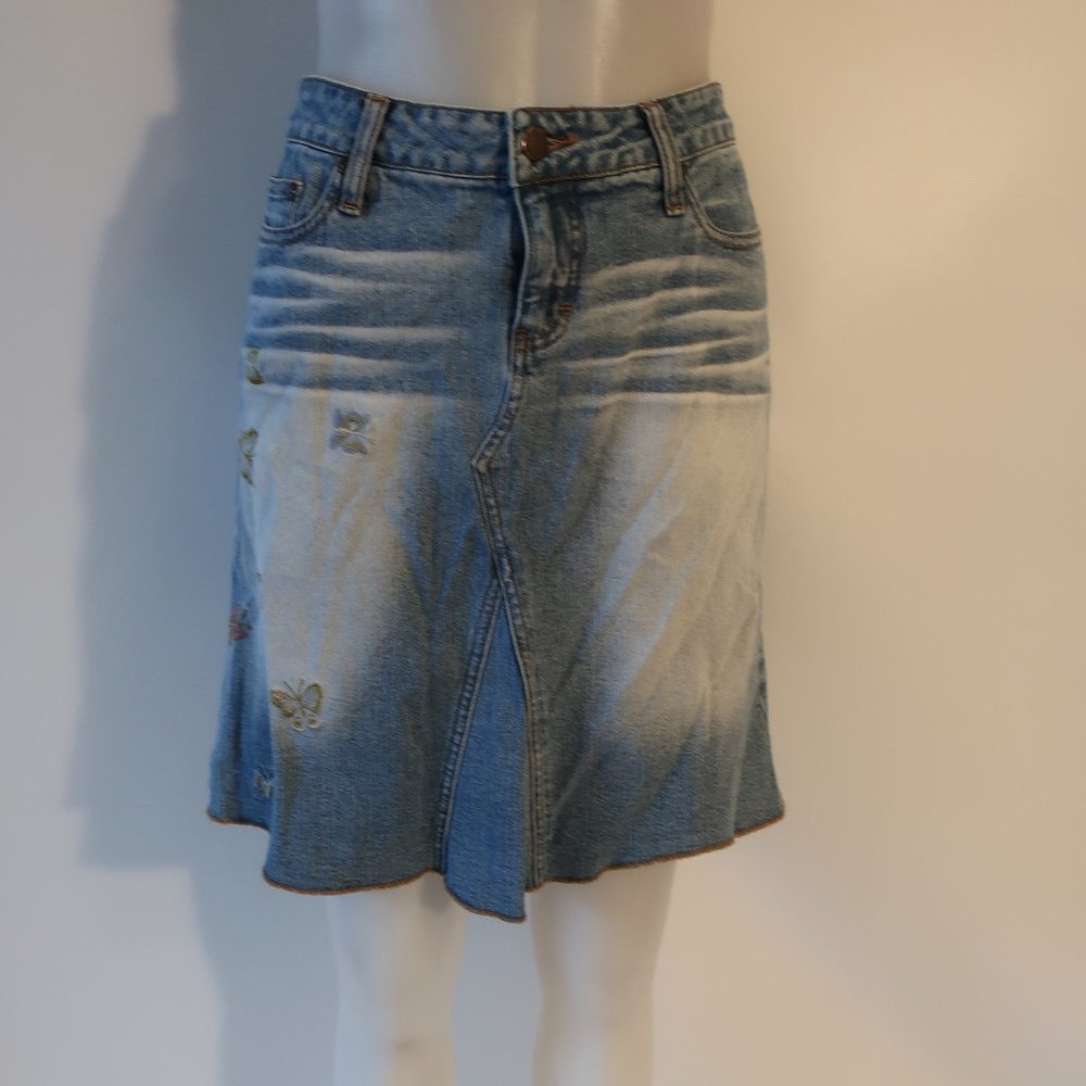 Womens Hippie Blue Denim Embroidered Butterflies Skirt M